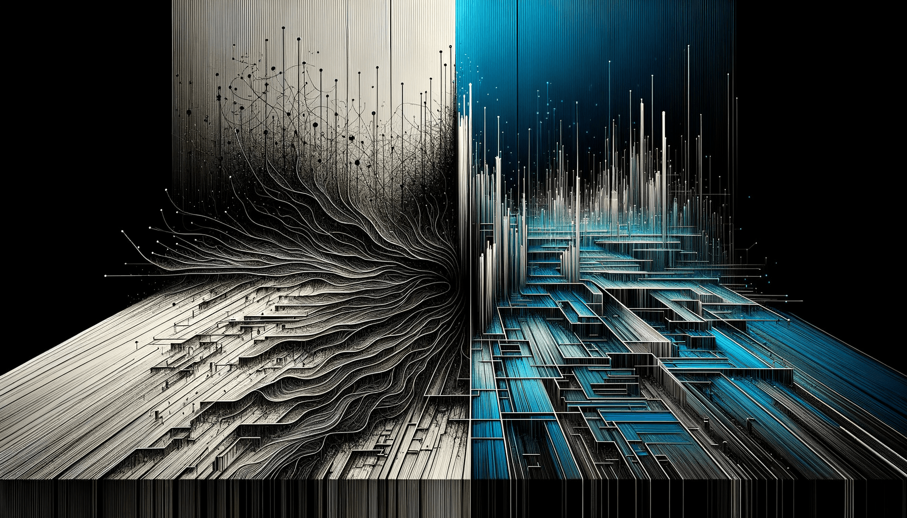 Abstract line art illustration showing scattered, disconnected lines on the left converging through structured geometric layers on the right, representing the transformation from unstructured AI interaction to structured, architecture-guided collaboration.