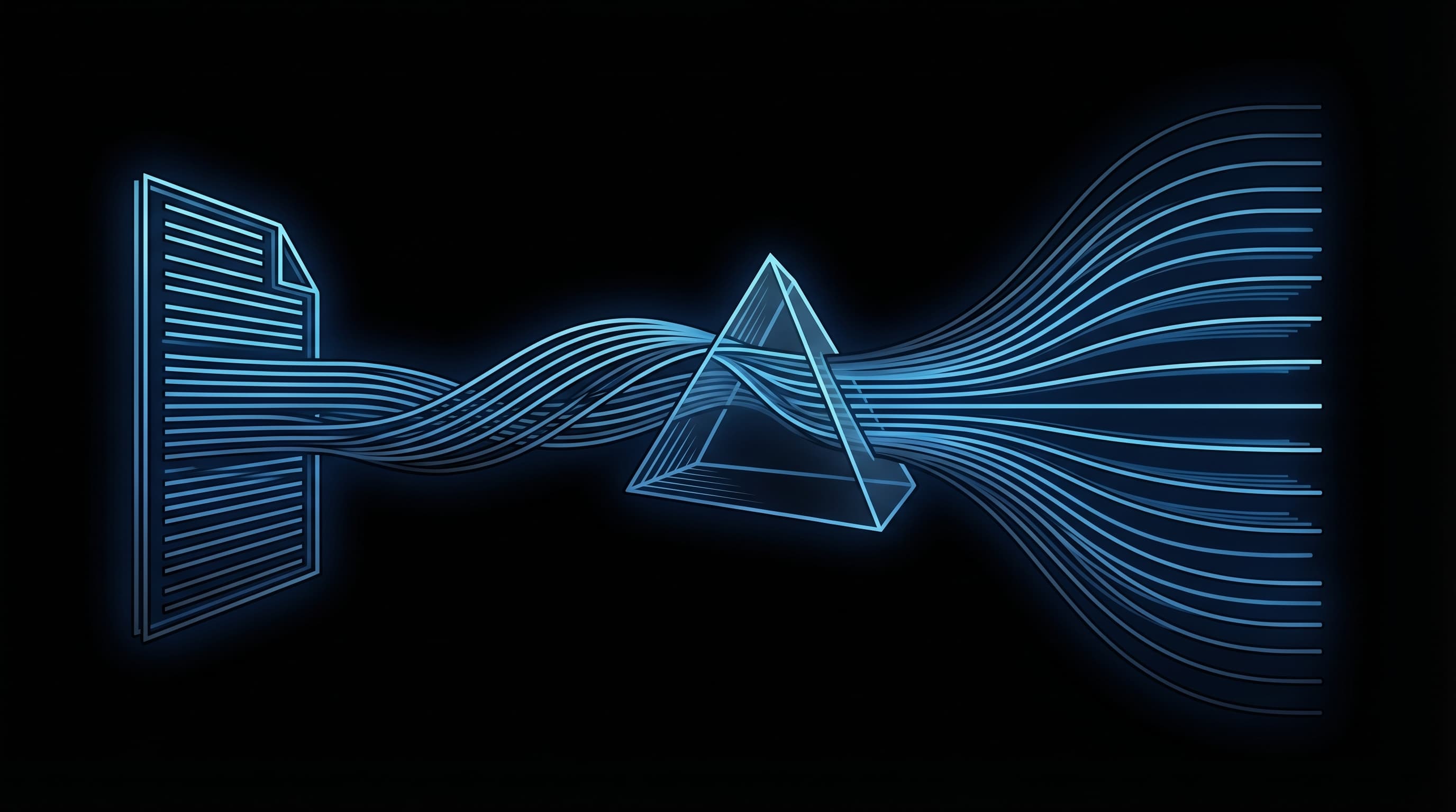 Abstract line art illustration of a single source branching into many consistent parallel outputs, representing how one data contract produces deterministic SQL across all source systems