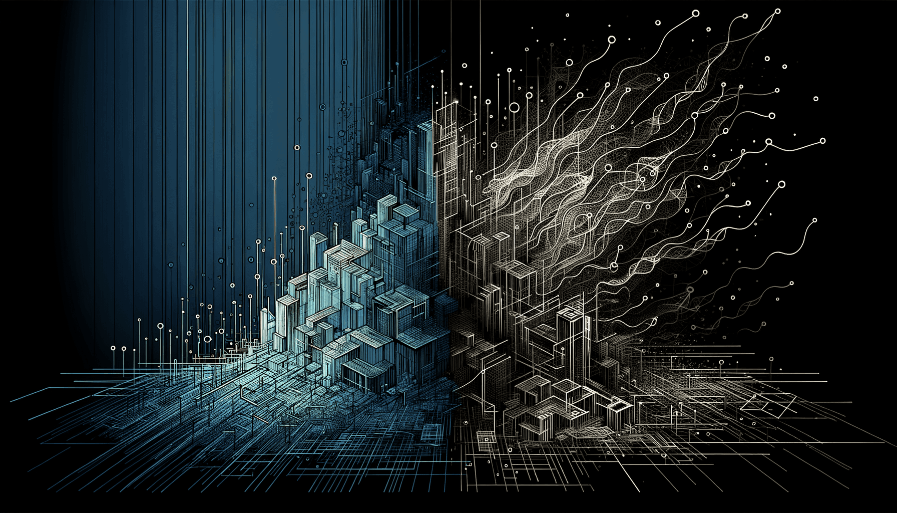 Abstract line art illustration of architectural knowledge being reclaimed — structured geometric patterns emerging from dissolving connections, representing the transition from lost data modeling knowledge to restored architectural clarity
