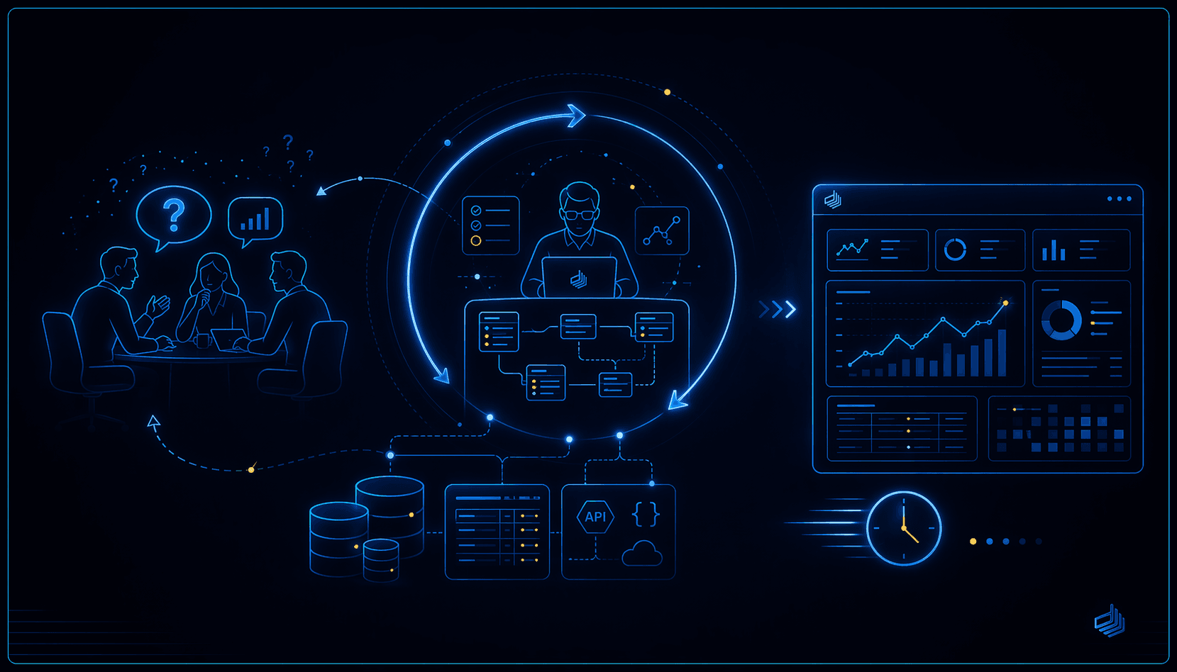 Visual representation of the Agile Analytics methodology - business stakeholders with questions on the left, a facilitator building an information model in the center with an iterative feedback loop, and a working dashboard prototype on the right, with data sources flowing in from below