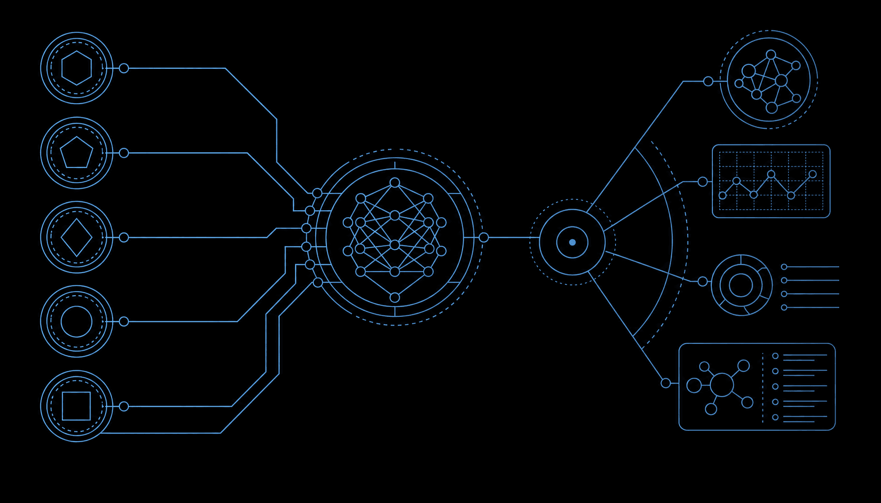Isometric line-art diagram of multiple identifiers - ISIN, FIGI, CUSIP, internal ID - converging through an Owner+Type prefix into a single instance node, rendered as a wireframe in Daana blue on near-black, signaling the integration-by-design thesis