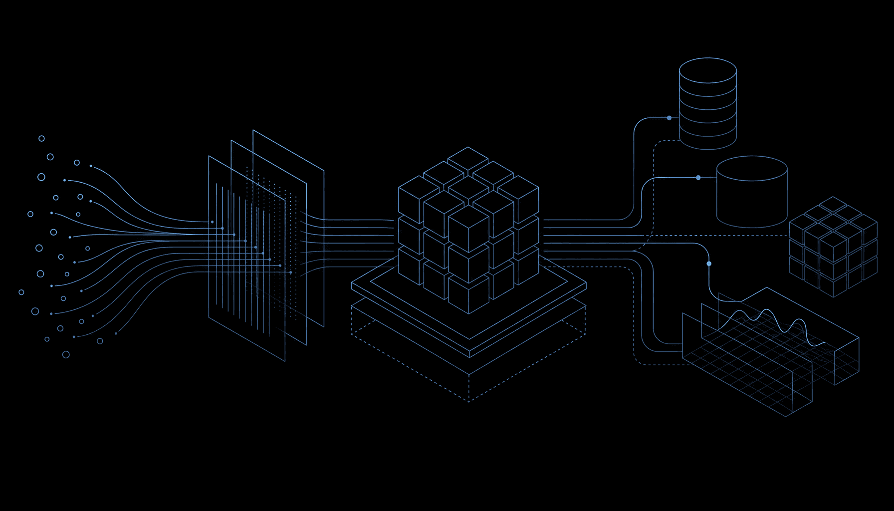 Isometric line-art illustration of a data platform — sources flowing into ingestion layers, data contracts and an information model in the center, semantic outputs on the right — rendered as a wireframe in Daana blue on near-black, signaling the metadata-driven modeling thesis at the heart of Lars's interview