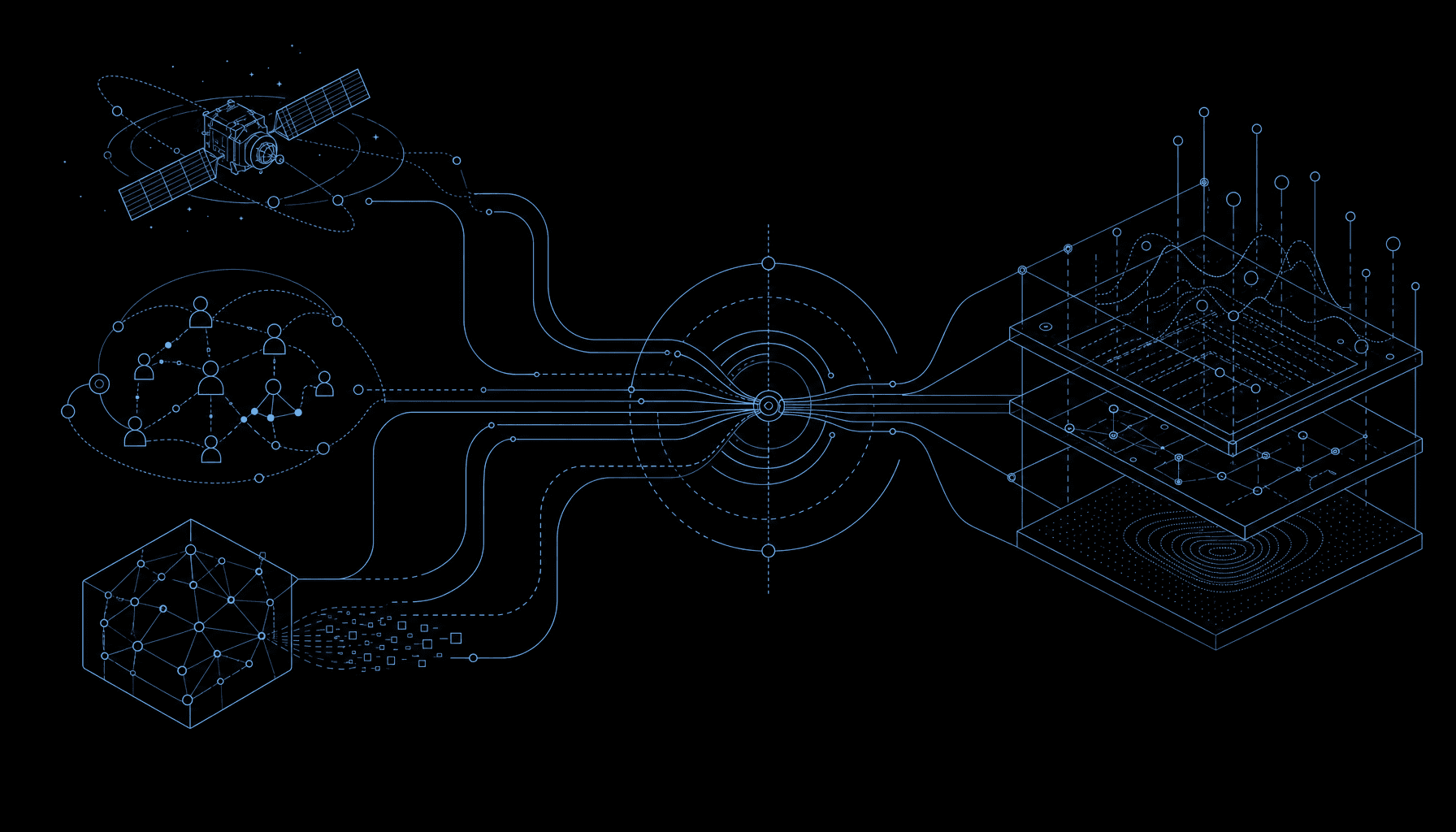 Abstract line art illustration of nested complex systems at different scales - chip-level circuits, organizational team structures, and data platform architectures connected by flowing lines, representing the through-line of complex systems thinking that connects satellite engineering, agile coaching, and data platform building