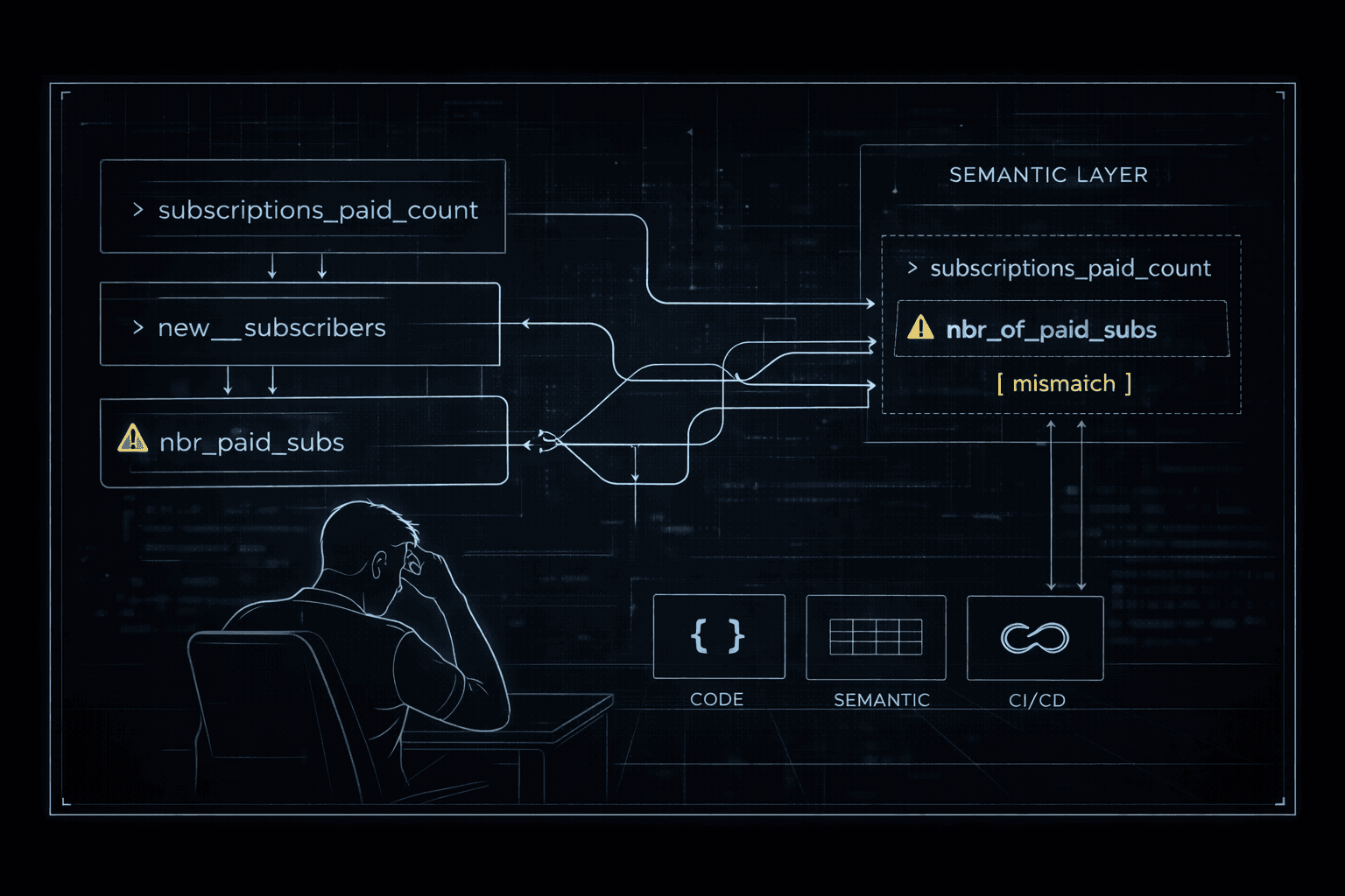 Illustration of a frustrated developer searching through inconsistent naming conventions, with a semantic layer panel showing mismatched names like subscriptions_paid_count and nbr_of_paid_subs, rendered in blue line art on a dark background
