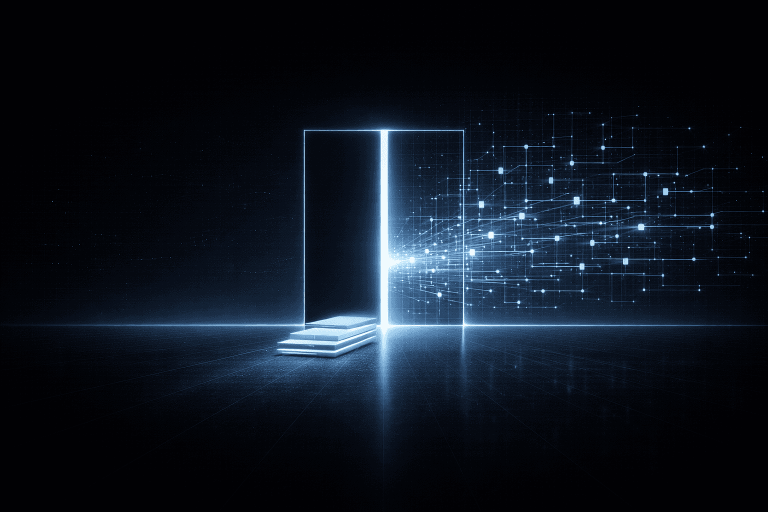 A glowing doorway with steps leading up to it, opening into an expanding network of interconnected nodes, representing the transition from fragmented AI interactions to designed agentic experiences