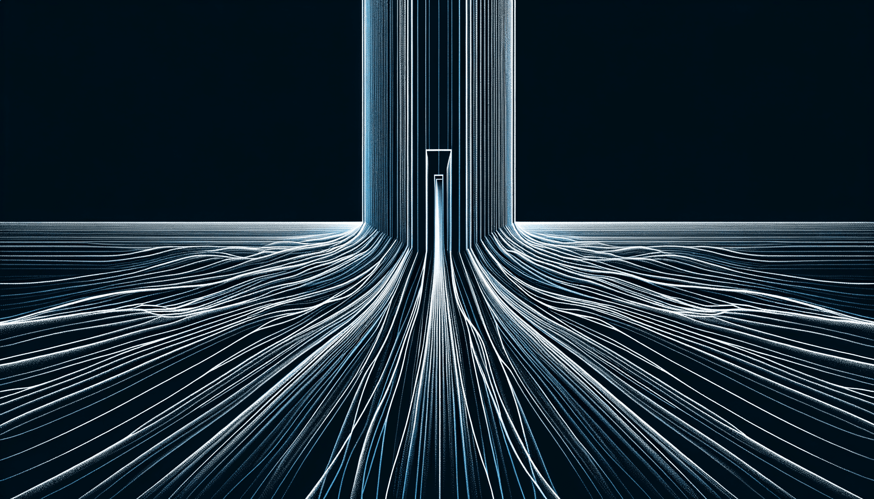 Abstract line art depicting a central geometric threshold of straight parallel lines, with flowing curved paths approaching from the left and emerging more ordered on the right, representing architectural principles that shape decisions passing through them.