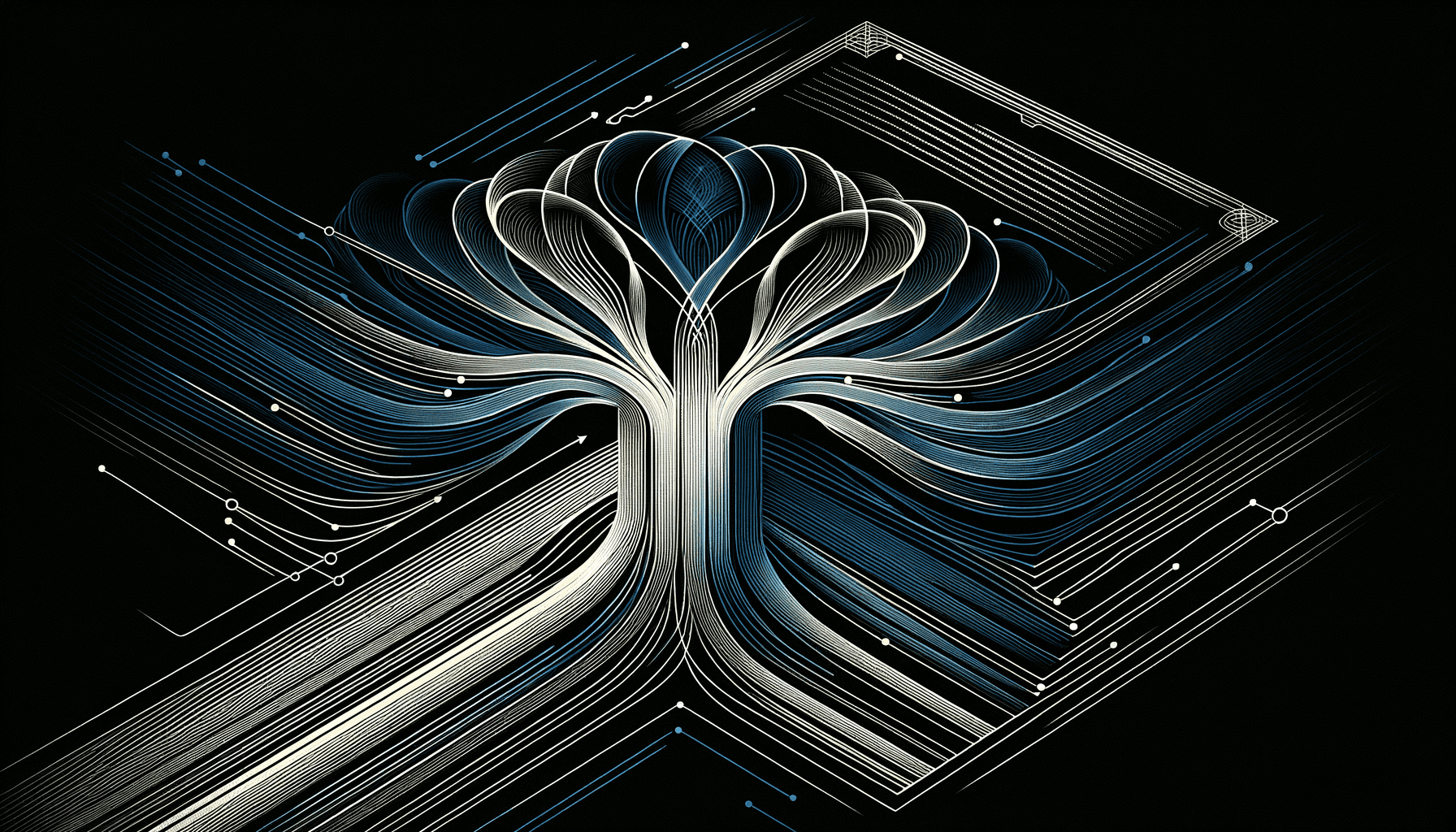 Abstract line art illustration of a single source branching into many consistent parallel outputs, representing how one data contract produces deterministic SQL across all source systems