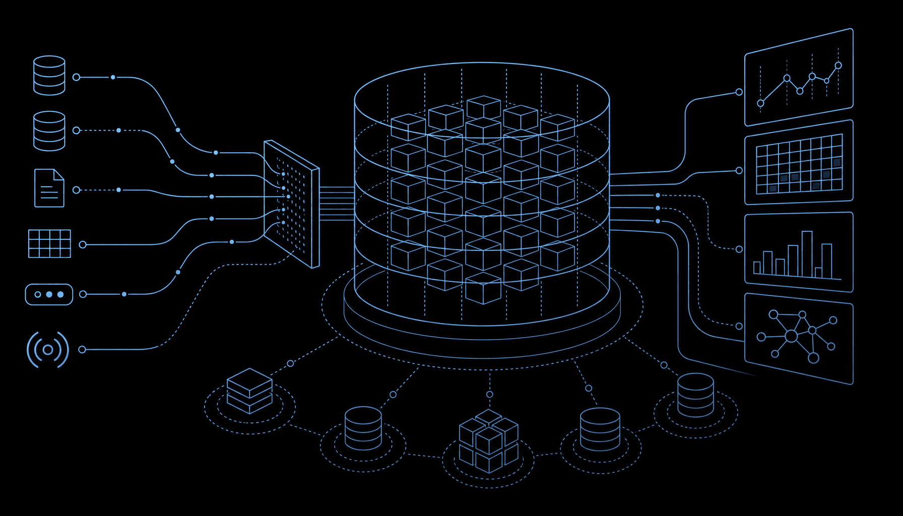 A wireframe technical diagram in cyberpunk style: source systems (databases, files, streams) on the left feed a central layered cylindrical data warehouse, which serves analytics outputs (charts, tables, graphs) on the right, with modular data building blocks below. Daana blue line art on a black background.