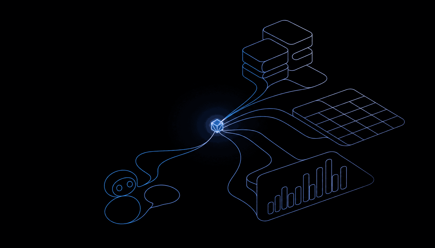 Line art in Daana blue on a black background: a single glowing core sends continuous lines out to stacked storage blocks, a table grid, a bar-chart dashboard and a small conversational agent shape, every line tracing back to the same origin.