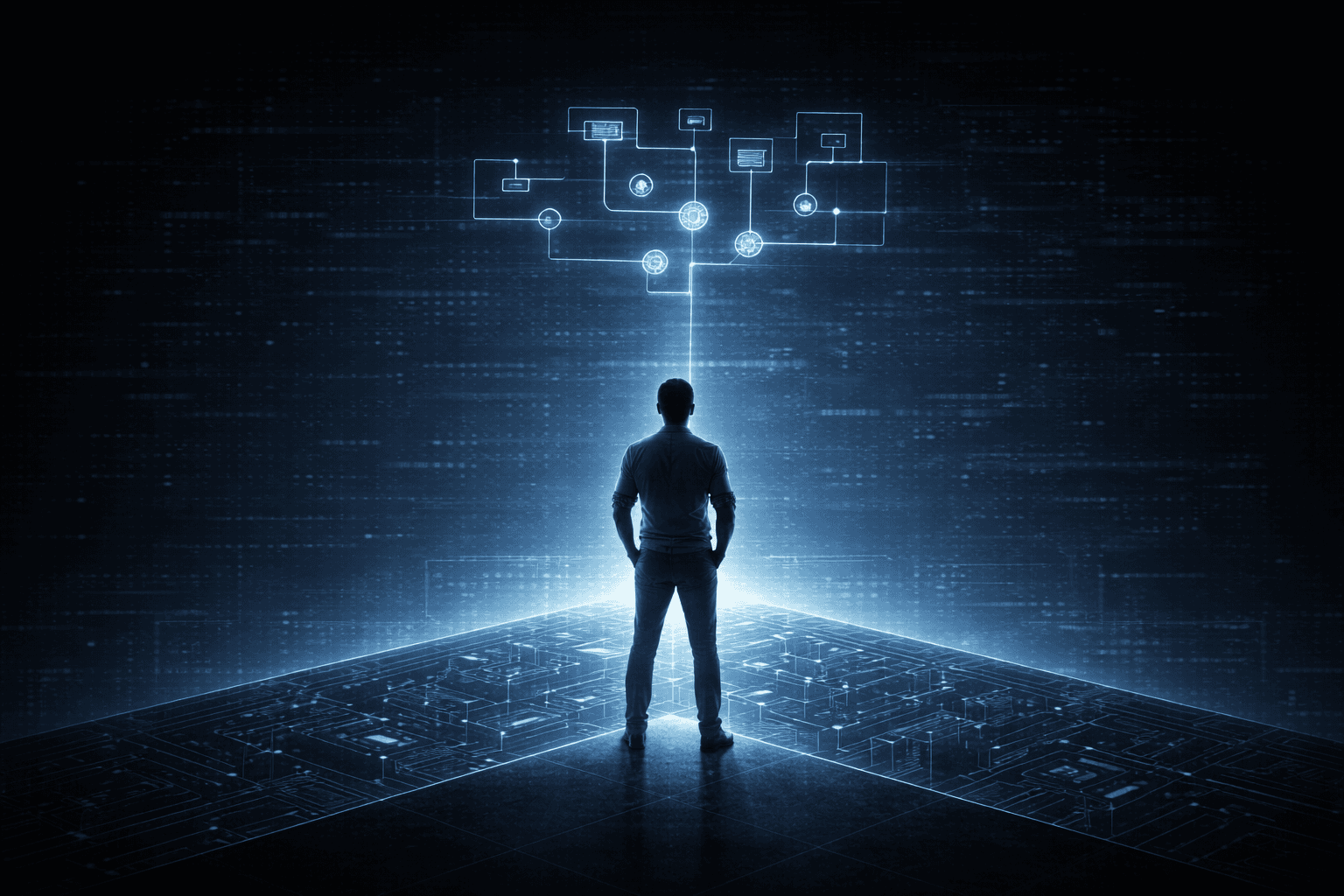 Silhouette of a data engineer standing on a glowing circuit-board platform, looking up at an entity-relationship model floating above, representing the shift from writing code to designing semantic models