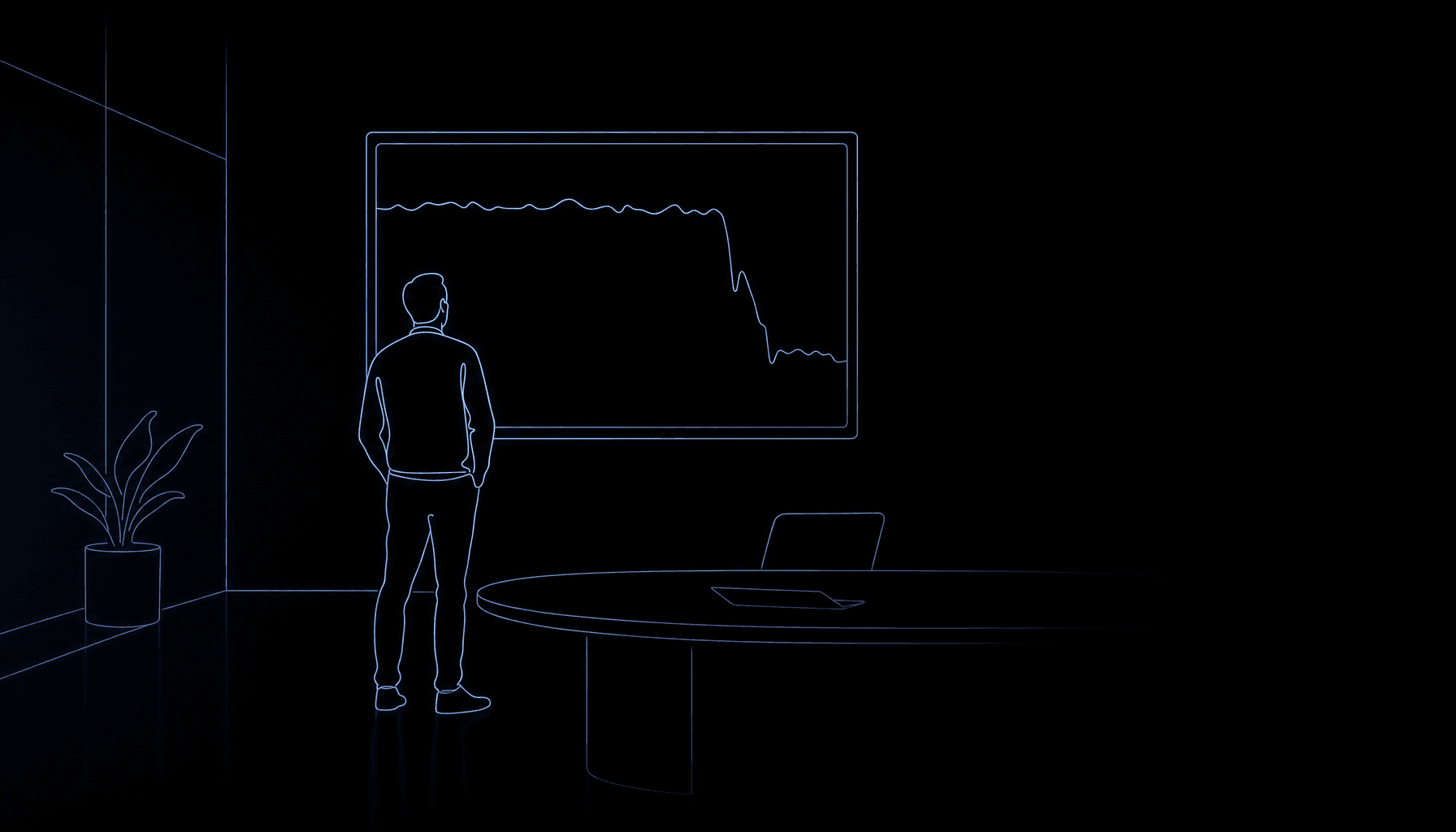 Line art in Daana blue on a black background: a person seen from behind looks up at a wall screen where a level line chart suddenly drops.