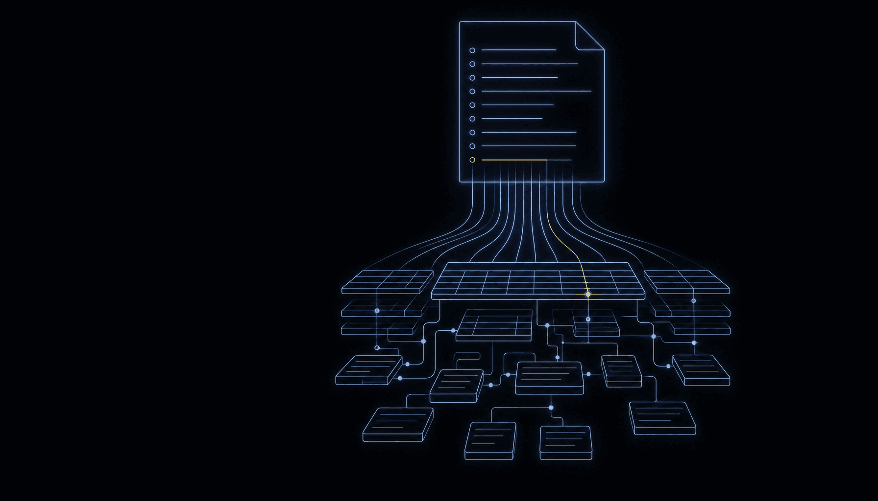 Line art in Daana blue on a black background: a document at the top feeds lines down into a layer of tables and connected nodes, with one line traced in yellow from a single entry to a single table.